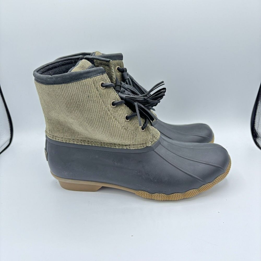 Sperry Women Olive / Black Saltwater Tassel Corduroy Duck Boots Size 9
